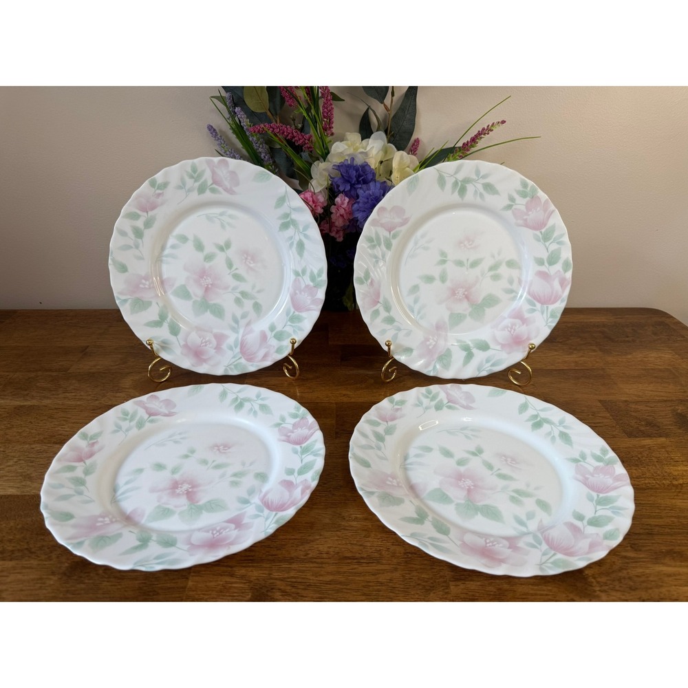 Arcopal Florentine Luncheon Plates France Pink Green Floral Milk Glass Vintage